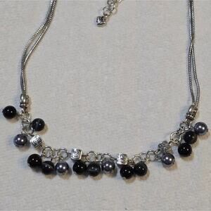Dangling Bead Necklace Black‎ Gray Silver Tone Chain Fashion Jewelry